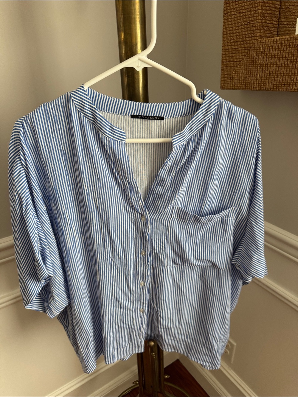 Tahari Blue & White Vertical Stripe Button-Down Blouse